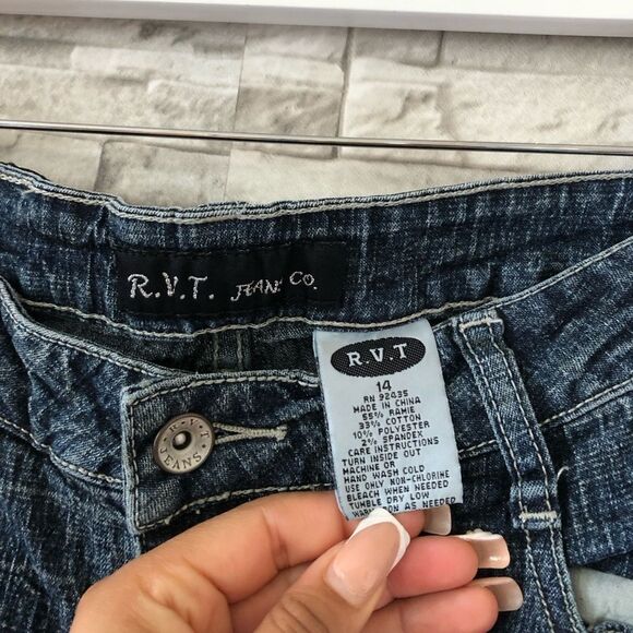 R.V.T || Vintage 90s Y2K Style Mid Rise Dark Wash Denim Flared Bootcut Jeans 14 - Picture 4 of 11